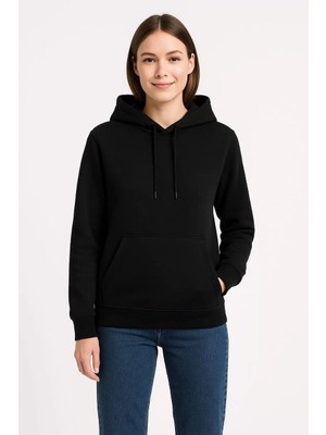 Kadın Üç Iplik Kapüşonlu Kanguru Çepli Sweatshirt Hoodie - Siyah