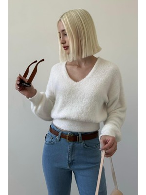 Kemik Rengi V Yaka Yumuşak Dokulu Kadın Kazak MG2499