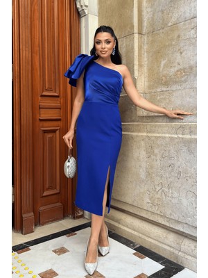 Atlas Kumaş Omuz Organze Detaylı Kalem Elbise - Saks Mavi