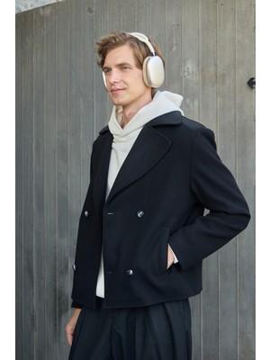Erkek Kruvaze Kaşe Mont Ceket Siyah