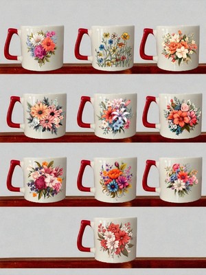 Çiçekler Baskılı 10'lu Kupa Bardak - Seramik Kupa Bardak, Doğum Günü Hediyesi