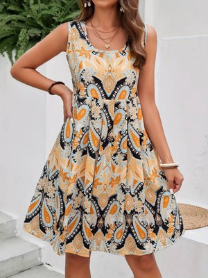 Kadın Sıfır Kol Yuvarlak Yaka Çiçek Desenli Süprem Elbise 2xl-3xl-Desenli