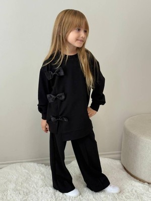 Kız Çocuk Siyah Sweatshirt Siyah Fiyonk Detaylı Eşofman Takımı 5019S