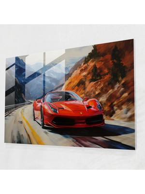 Popcas Ferrari Cam Tablo - Muhteşem Kırmızı Ferrari Dağ Yolu Manzarasında - Ferrari Cam Sanat Duvar Dekorasyonu Modern Sanat
