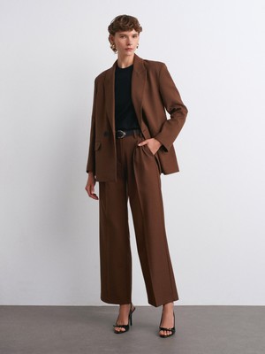 72171 Kemerli Geniş Paça Kumaş Pantolon-Kahve