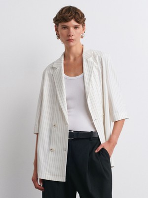 60772 Çizgili Kimono Blazer-Beyaz