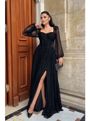 Dantel Kumaş Balen Detaylı Abiye Elbise - Siyah