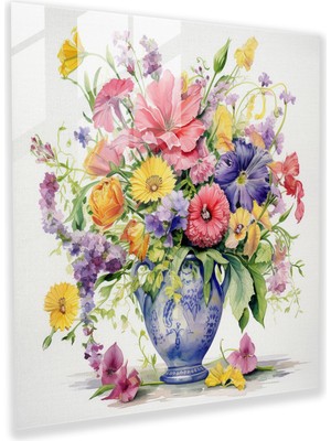 Popcas Klasik Çiçek Desenli Cam Tablo - Klasik Geleneksel Vazo Suluboya Tablo Güzellik