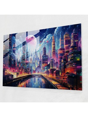 Popcas Şehir Grafitisi Cam Tablo - Gelecek Şehir Manzarası - Grafiti Neon Işıklar Modern Sanat Duvar Dekorasyonu