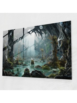 Popcas Taş Devri Gerçeküstü Manzara Cam Duvar Sanatı - Mezolitik Duvar Dekorasyonu Modern Sanat Öte Dünya Manzarası