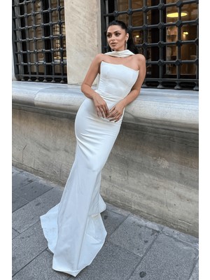 Atlas Kumaş Straplez Şal Detaylı Abiye Elbise - Beyaz