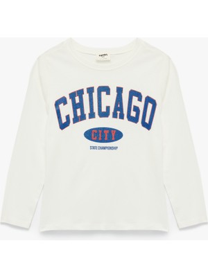 Uzun Kollu Bisiklet Yaka Pamuklu Simli Baskılı Tişört