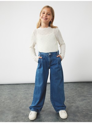 Uzun Kollu Dik Yaka Fırfır Detaylı Dokulu Crop Bluz