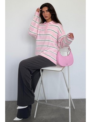 Pembe Polo Yaka Çizgili Kadın Triko Kazak MG2469