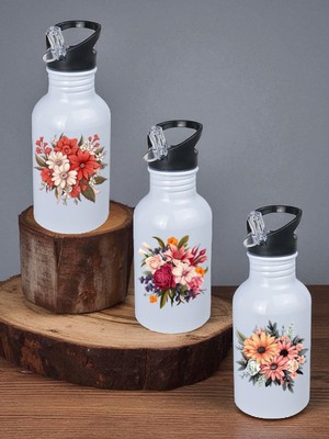 Çiçekler Baskılı 3'lü Matara - Suluk Matara, Su Matarası