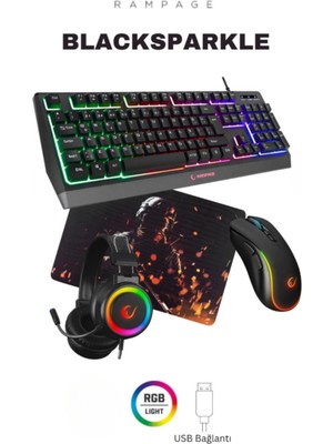 Rampage Blacksparkle Gaming Combo Oyuncu Klavye Mouse Kulaklık Mousepad Set (Rampage Türkiye Garantili)