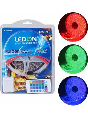 Ledon LD-1606 Su Geçirmez 5 Metre Rgb Şerit LED Animasyon Devreli Adaptörlü Set 5050 3 Çipli Siliko