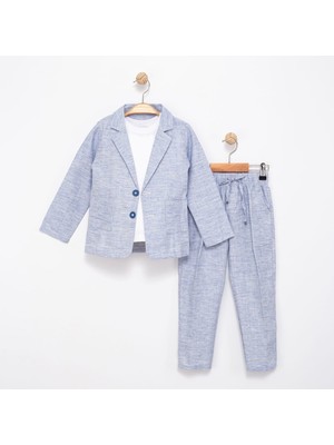 Erkek Çocuk Keten 3'lü Tişörtlü Ceketli Takım 2854 2-9 Yaş Arası Mavi