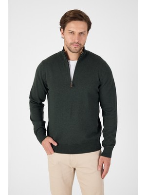 Hateko Haki Pamuk Yarım Fermuarlı Dik Yaka Triko Kazak