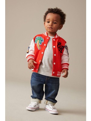 Kolej Tarzı Bomber Ceket – Kırmızı & Beyaz