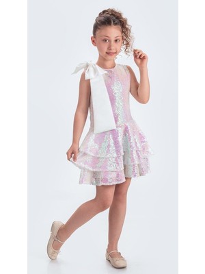 Yaka Fiyonk Işıltılı Pul Payet Kumaş Kız Çocuk Abiye Elbise M00702