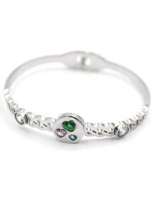 Taşlı Kalp Bilezik - Gümüş