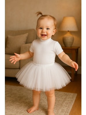 Madya Butik Kız Bebekler için Beyaz Tütü Etek Mini Boy Lastikli Bel Tül Kumaş ile Günlük Kullanım