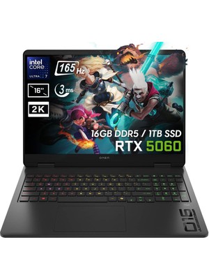 HP OMEN 16-am0018nt Intel Core Ultra 7-255H 16GB DDR5 1TB SSD RTX5060 8GB 115W 16 inç WUXGA 165Hz 3ms IPS FreeDos Gaming Laptop (BQ1Z1EA)