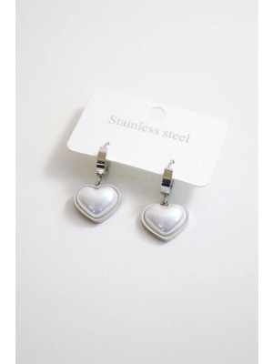 Incili Çelik Kalp Küpe - Gümüş