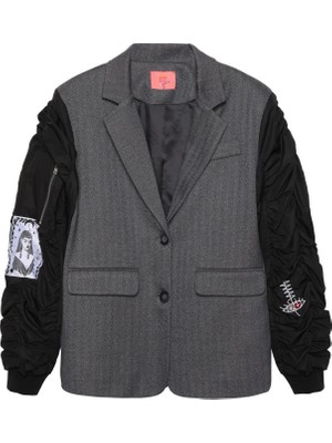 Kumaş Matchli Baskı Detaylı Ceket Gri