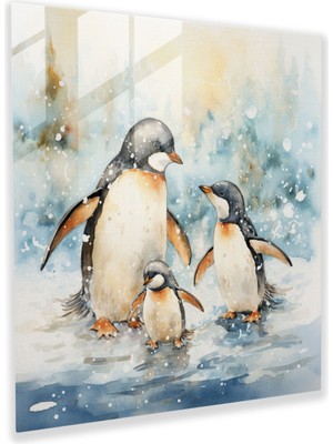 Popcas Penguen Cam Tablo - Hüzünlü Suluboya Illüstrasyon Ev Dekorasyonu - Penguen Modern Sanat Penguen Ailesi Kar