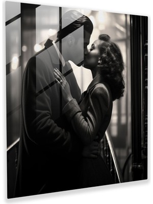 Popcas Romantik Sonsuz Öpücük Cam Tablosu - Siyah Beyaz Fotoğraf Duvar Dekorasyonu