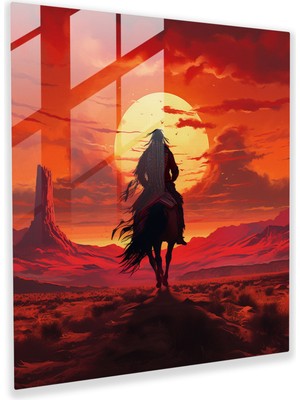 Popcas Kızılderili Savaşçı Cam Tablo - Kızılderili Cam Tablo Duvar Süsleme Çöl Manzarası