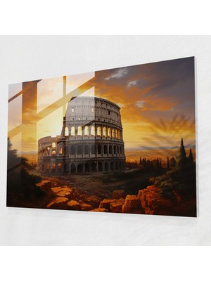 Popcas Roma Cam Tablo - Şanlı Colosseum'un Şafak Vaktindeki Manzarası - Roma Gerçekçi Yağlı Boyama