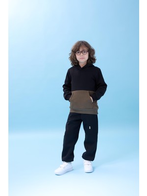 Perendi Unisex Kapüşonlu Kışlık Sweatshirt Siyah/Haki Renk Bloklu Uzun Kol Kanguru Cepli