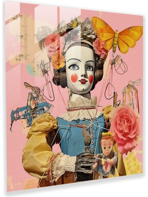 Popcas Vintage Kukla Kolaj Cam Tablo - Kukla Vintage Modern Sanat Ev Dekorasyonu