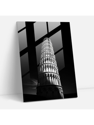 Popcas Pisa Eğik Kulesi Cam Tablo Sanatı - Minimalist Siyah Beyaz Kompozisyon