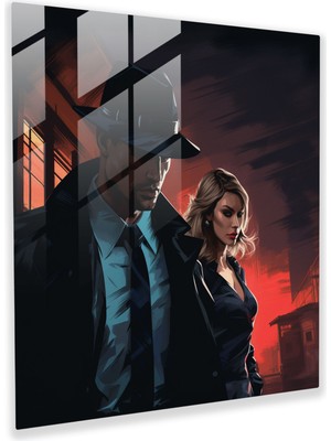 Popcas Karanlık Sokağın Retro Mafya ve Femme Fatale Portresi - Cam Tablo Ev Dekorasyonu Için Pulp Fiction Sanatı