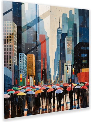 Popcas Yağmurlu Şehir Manzaralı Cam Tablo - Yağmur Ev Dekorasyonu Şemsiyeler Yağmurlu Şehir Manzarası
