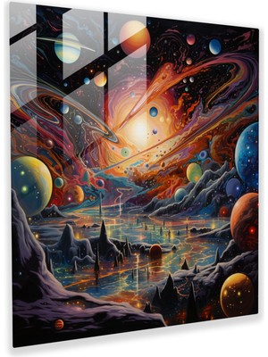Popcas Göz Alıcı Soyut Yağlı Boya Galaksi ve Yüzen Gezegenler ile Garip Yaratıkların Cam Tablosu - Ev Dekorasyonu