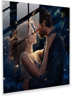 Popcas Romantik Cam Tablo - Yıldızlı Bir Gecede Bir Çiftin Hayali Portresi - Portre Yıldızlı Gece Birlikte Olma Cam Tablo