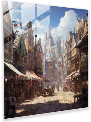 Popcas Rönesans Kent Manzarası Cam Tablo - Rönesans Duvar Dekorasyonu Çekicilik Taş Döşeli Sokaklar