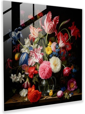 Popcas Rönesans Çiçek Desenli Cam Tablo - Ev Dekorasyonu Duvar Dekorasyonu Cam Sanatı