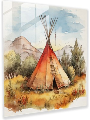 Popcas Kızılderili Çadırı Cam Tablo Baskı - Kızılderili Cam Tablo Suluboya Duvar Dekorasyonu