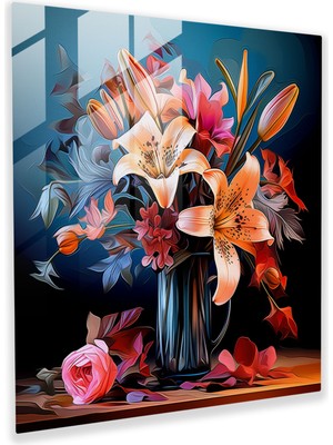 Popcas Renkli Çiçeklerin Vazoda Olduğu Natürmort Cam Tablo - Natürmort Duvar Dekorasyonu Cam Tablo