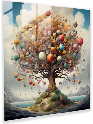 Popcas Düşsel Hayat Ağacı Cam Tablosu - Hayat Ağacı Ev Dekorasyonu Yüzen Gerçeküstü Sanat Eseri