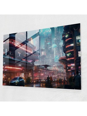 Popcas Seyahat Temalı Cam Tablo - Şehir Enerjisi Mimarlık Harikaları Neon Işıklar