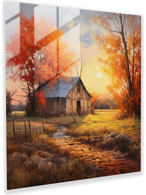 Popcas Rustik Ahır Günbatımı Yağlı Boya Cam Tablo - Rustik Cam Tablo Cam Sanat Günbatımı