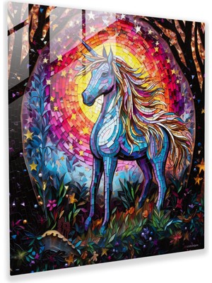 Popcas Parlak Unicorn Mozaik Cam Tablo - Unicorn Cam Sanatı Canlı Renkler