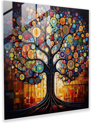 Popcas Cam Tablo - Geometrik Hayat Ağacı - Duvar Dekorasyonu Canlı Renkler Cam Sanatı
